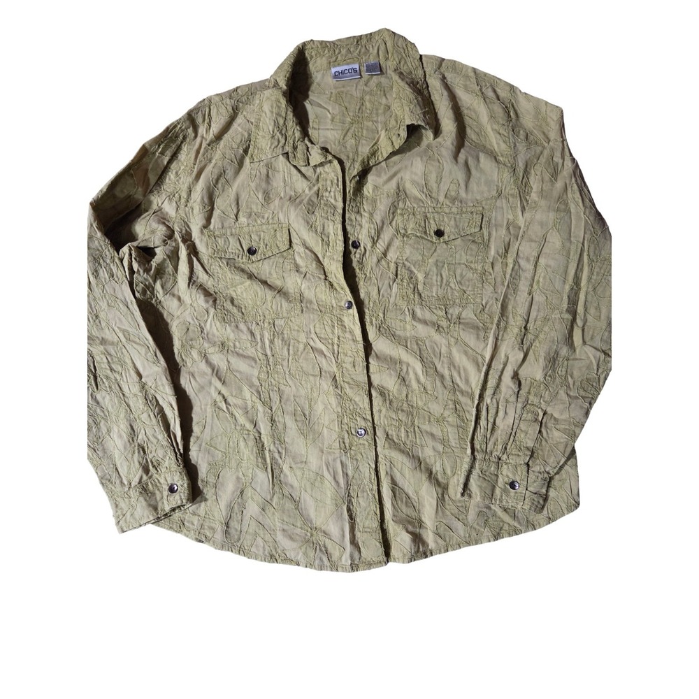 Chico's 3 (L/XL) Olive Green Cotton Embroidered Leaf Button Down Shirt Blouse
